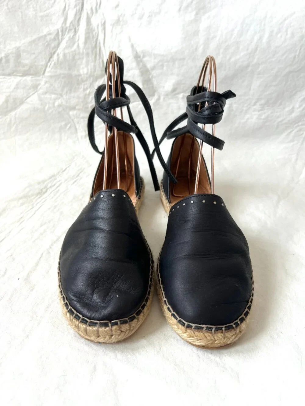 All Saints espadrilles 37 7 womens black leather flats ankle tie lace up studded